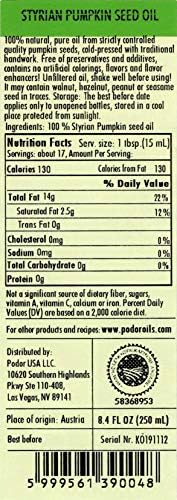 PÖDÖR Premium Styrian Pumpkin Seed Oil - 8.4 fl. Oz. - Cold-Pressed, 100% Natural, Unrefined and Unfiltered, Vegan, Gluten-Free, Non-GMO in Glass Bottle