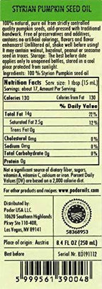 PÖDÖR Premium Styrian Pumpkin Seed Oil - 8.4 fl. Oz. - Cold-Pressed, 100% Natural, Unrefined and Unfiltered, Vegan, Gluten-Free, Non-GMO in Glass Bottle