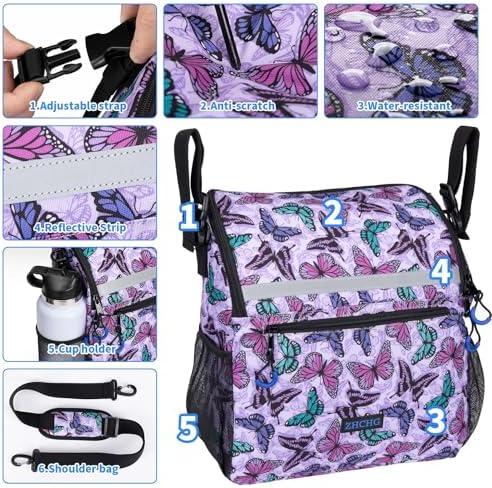 ZHCHG Wheelchair Bags, Wheelchair Backpack with Cup Holder, Wheelchair Bags to Hang on Back, Electric Wheel Chair Accessories, Large Storage Bag for Walker Rollator Purple Butterfly