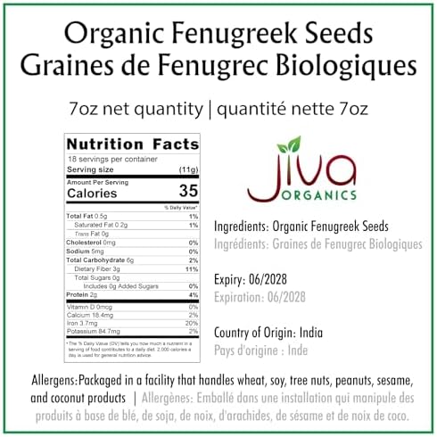 Jiva Organic Fenugreek Seeds 7 Ounce – Non-GMO, Gluten Free, All Natural Fenugreek Spice – Organic Fenugreek Seeds for Hair Growth, Cooking & Sprouting - Methi Seeds for Methi Dana Water - Raw & Natural, Product of India