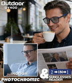 Hubeye Photochromic Reading Glasses for Men and Women TR90 Sport Reader Anti Glare UV Ray Filter （Matte black+Matte blue+Transparent，+1.25