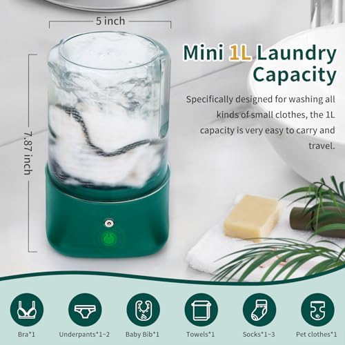 Mini Portable Washing Machine - USB Rechargeable 1L Small Washer with 2 Modes Deep Cleaning for Underwear, Socks & Baby Clothes, Compact Travel Laundry for Apartment, Dorm, Camping, Green