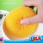 LOLA Plastic Mesh Scouring Pads - 3 Pack, 3.375" x 1.25", Non-Scratch Dish Scrubbers to Clean Dishes, Assorted Colors - Red, Blue & Yellow