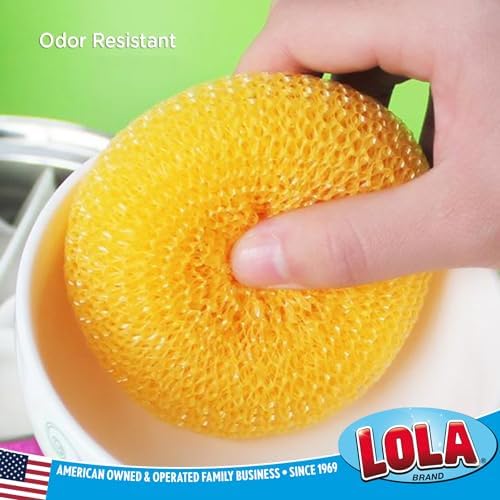 LOLA Plastic Mesh Scouring Pads - 3 Pack, 3.375" x 1.25", Non-Scratch Scrubbers to Clean Dishes, Assorted Colors - 1 Red, 1 Blue & 1 Yellow