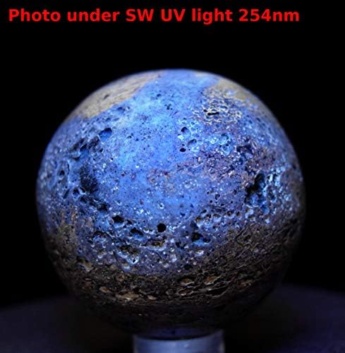 HQRP-Crystal 47mm 110g Dinosaur Fossil Bone w/Lot of Natural Caverns Sphere Polished SW UV Reactive Fossilized Gemstone Collectible Decor Mineral Specimen Ball - Madagascar + Stand