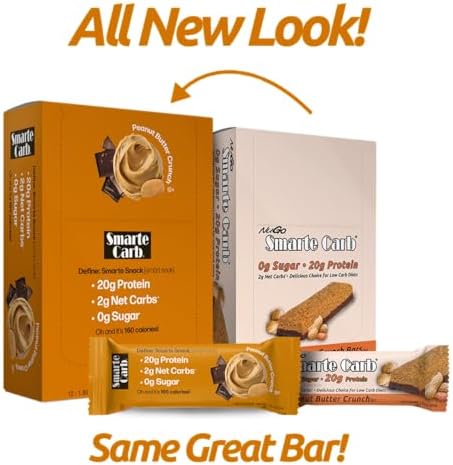 NuGo Smarte Carb 20g Protein 0g Sugar, 2g Net Carbs 160 Calories Brown, Sugar free Peanut Butter Crunch, 12 Count