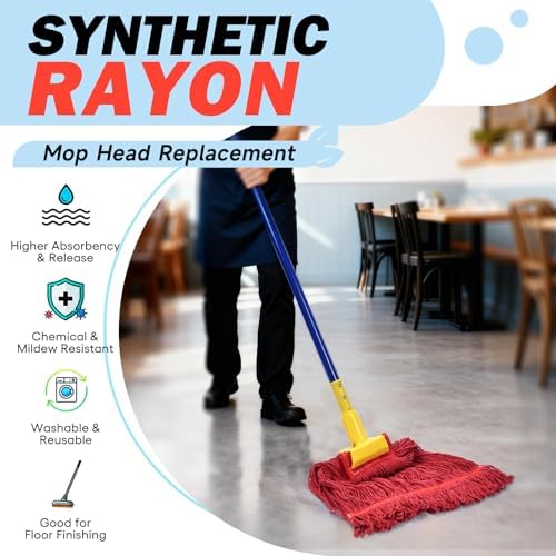 Onesimus Synthetic Rayon Mop Head Replacement, Chemical Resistant Heavy Duty Commercial Mops for Floor Cleaning and Finishing, 5 Inch Wide Headband, Medium Size 20 oz, 6 Pack Red