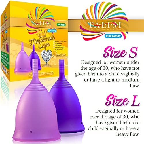 Talisi Reusable Menstrual Cups - Set of 2 Period Cups for Women with Collapsible Sterilization Menstruation Cup for Beginners - Feminine Hygiene Alternative to Tampon and Pad - Regular and Heavy Flow