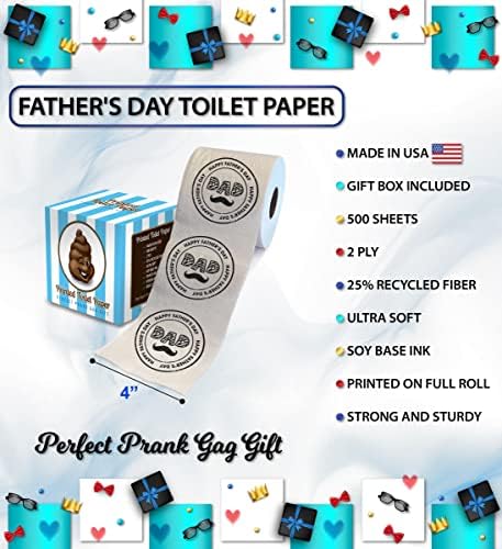 Printed TP Happy Fathers Day Dad Mustache Stamp Design Printed Toilet Paper Roll – Funny Novelty Gag Gift Prank, Cute Gifts for Dad, Husband, Boyfriend – Best Dad Gift - 500 Sheets