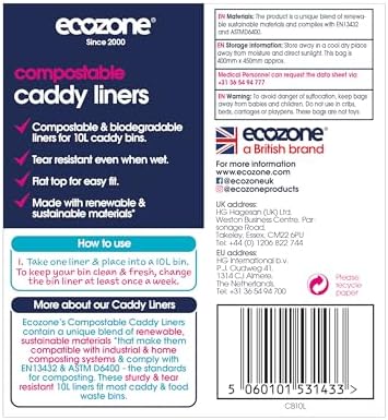 EcoZone Caddy Liners, 100% Compostable & Biodegradable Bin Bags, 10 Litre Size, Strong Tear Resistant, Mindful Vegan Natural Sacks Made from Plants, Plastic Free (Roll of 22)