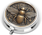 Portable Round 3 Compartment Metal Pill Box Featuring a Bee and Honeycomb Design Ideal for Organizing Supplements Medications or Travel Essentials