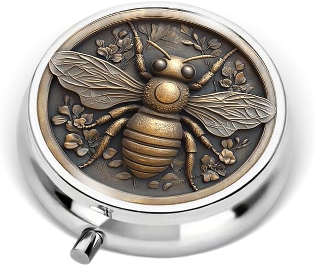 Portable Round 3 Compartment Metal Pill Box Featuring a Bee and Honeycomb Design Ideal for Organizing Supplements Medications or Travel Essentials