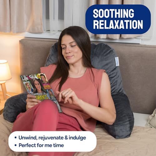 ComfortSpa Reading Pillow for Bed Adult Size, Back Rest Pillow with Arms, Pockets and Washable Cover; Use as a Back Pillow for Bed Sitting Up for Bedrest or Relief from GERD Heartburn (Large Grey)