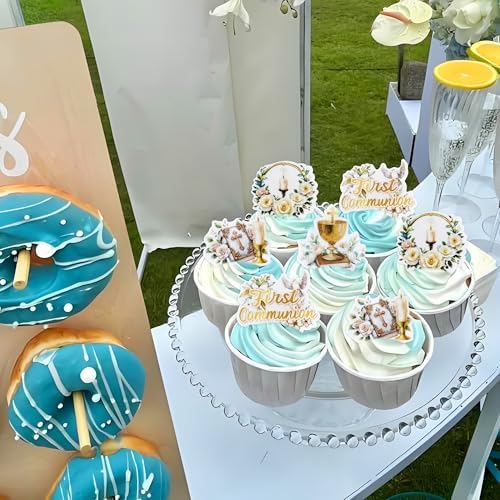 Ercadio 40 PCS Edible First Holy Communion Cupcake Toppers Dove Cross God Bless and Baptism Cupcake Picks First Communion Theme Baby Shower Birthday Party Cake Decorations