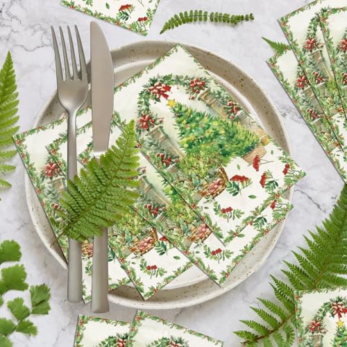 40Pcs Christmas Guest Napkins, Christmas Tree Disposable Hand Towels, Festive Xmas Tree Design Paper Towels with Holly & Red Bows, Xmas Party Decorative for Bathroom, Holiday Kitchen Dining Table