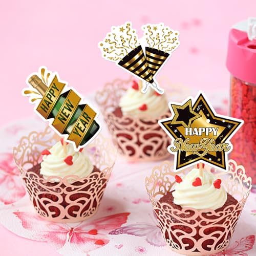 Happy New Year 2026 Cupcake Topper 24 pcs 2026 New Years Eve Party Supplies Party Decoration for New Year Eve Cake Decorations
