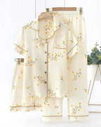 codcm Womens 3pcs Cotton Pajamas Set Short Sleeve Sleepwear Fruit Print Cute Pj Set with Long Pants