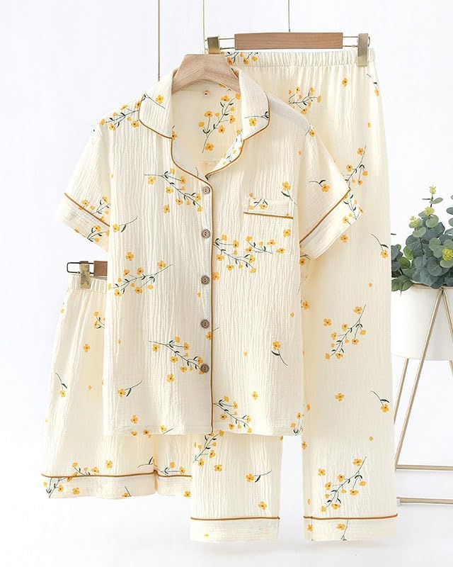 codcm Womens 3pcs Cotton Pajamas Set Short Sleeve Sleepwear Fruit Print Cute Pj Set with Long Pants