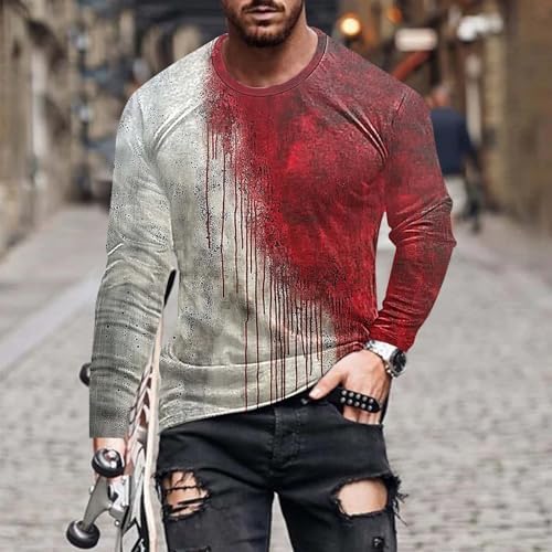 Halloween Men's Long Sleeve T Shirt Stylish Bloodstain Letter Print Bloody Tops Fall Winter Casual Crew Neck Pullovers