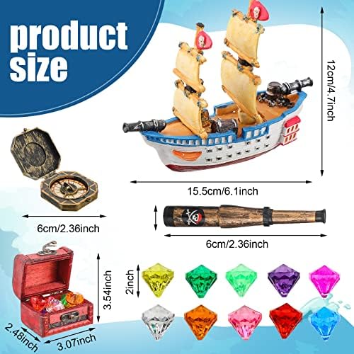 Charniol 32 Pcs Pirate Ship Cake Topper Nautical Sailboat Model Decoration Set Gold Coins Pirate Gems Treasure Telescope for Birthday Party Supplies