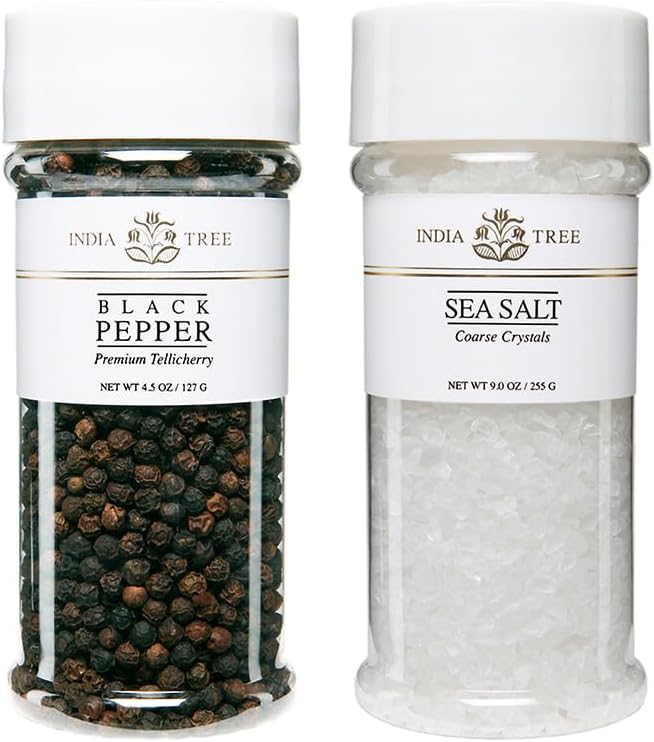 India Tree Tellicherry & Salt Jar Gift Pack - Premium Black Pepper and Sea Salt Crystals - 13.5 Ounces Total