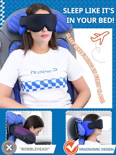 Travel Pillows for Airplanes, 360° Support Headrest Pillow with Eye Mask for Sleeping, Travel Airplane Pillow for Long Flights Car Road Trip, Travel Accessories Stop Bobblehead, Black