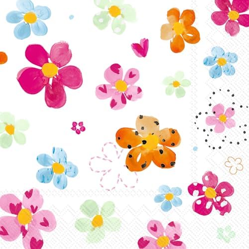 IHR Ideal Home Range Party Napkins Disposable 3-Ply Paper Lunch Napkin Pack, 6.5" x 6.5", Joyful Flowers, 20-Count