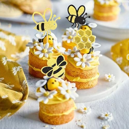 24 PCS Bumble Bee Cupcake Toppers Glitter Heart Honeycomb Bee Cupcake Picks BaBy Shower Cake Decorations for Bee Theme Baby Shower Kids Birthday Party Supplies