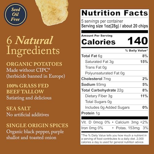 Vandy Crisps Potato Chips - Seed Oil Free Snacks - Gluten Free Potato Chip - Made with Potatoes, Grass-Fed Beef Tallow, Sea Salt, & French Onion Blend - 2 Pack, 5 Ounce Each (French Onion)