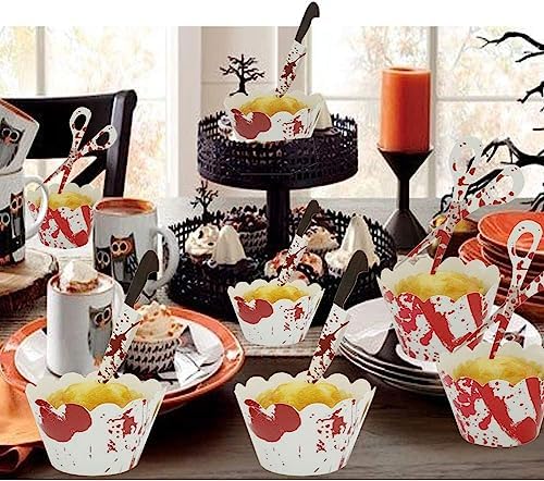 Halloween Cupcake Toppers Wrappers, Horror Cake Halloween Decoration Bloodstain Cake Knife Scissors Food Decor Party Supplies (12 sets (24pcs))