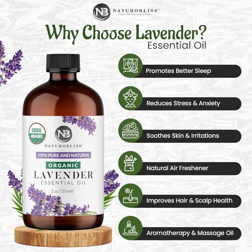 NaturoBliss Organic Lavender Essential Oil, 100% Pure Therapeutic Grade, Premium Quality, 1 fl. Oz / 30 ml - Perfect for Aromatherapy and Relaxation (30ml)