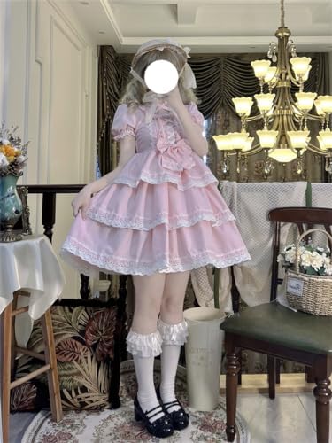 Sweet Lolita Dress Teens Kawaii Puff Sleeve Lace Tiered Ruffle Princess Japanese Anime Cosplay Party Dresses