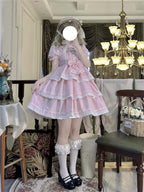 Sweet Lolita Dress Teens Kawaii Puff Sleeve Lace Tiered Ruffle Princess Japanese Anime Cosplay Party Dresses