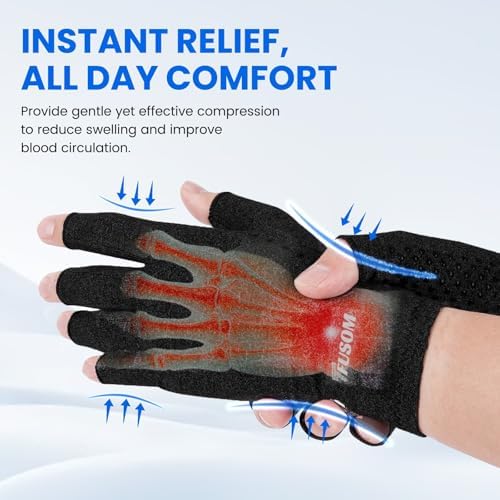 TFUSOM Compression Gloves Arthritis Gloves for Women for Pain,Fingerless Compression Wrap for Hand Pain and Osteoarthritis，Anti-Slip，Unisex,M,Black
