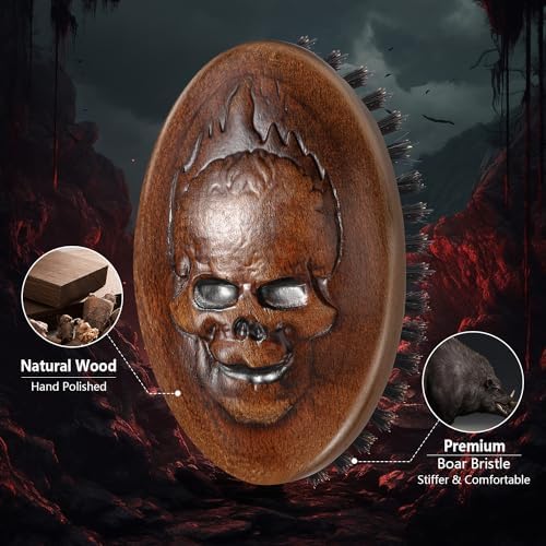 Eagle Fortress Boar Bristle Hair Brush for Men Hair Care - Beard Brush, Mustache Brush with Skull on Wooden Handle, Grooming & Styling Tool for Men, Travel Size