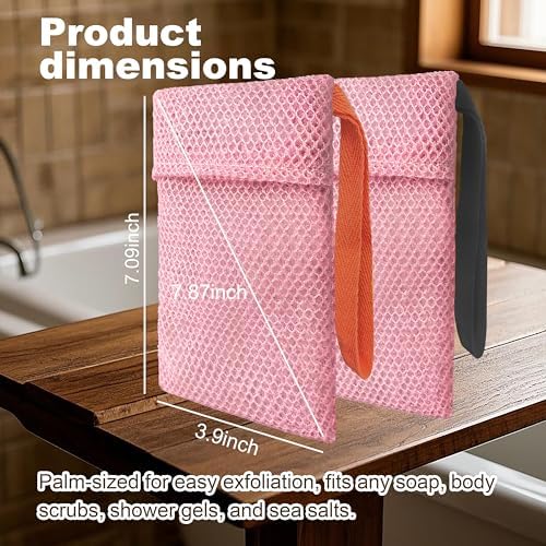 2 Pack Soap Bag Deep Exfoliating,Bar Soap Pouch Saver Pocket,Body Scrubber Shower Bath Sponge Loofah (Pink)