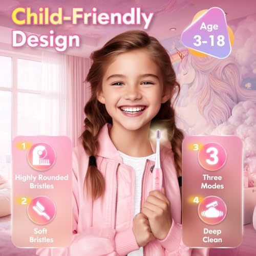 Kids Toothbrush Electric Girls Electric Toothbrush Rechargeable Age 3-5-6-12-18 Year Old, 3 Modes 4 Vibrating Heads Habit-Forming Stickers 31000VPM Girls Toothbrush (Unicorn Pink)