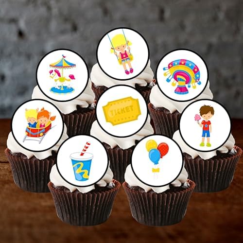 Fun Fair Edible Cupcake Toppers, Carnival Edible Cake Decorations, Carnival Theme Party Decorations, Circus Party Cake Toppers, 24 x 4cm / 1.5 Inch Wafer Card Discs