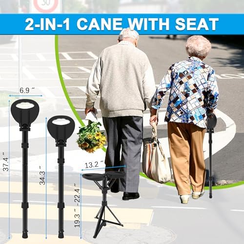 Walking Cane with Seat 34"-37" Adjustable Walking Stick Holds 550lbs Folding Chair Seat Portable Lightweight Aluminum Mobility Aid with Carry Bag for Elderly Handicap Waiting/Queuing/Fishing