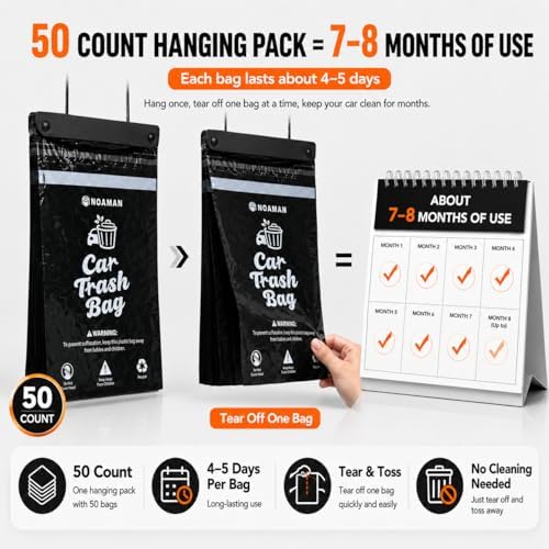 Noaman 50PCS Recycled Car Trash Bags, 2Gal Leakproof & Smell Proof. Heavy-Duty Garbage Bags for car, SUV, truck, RV. Stick-on or Headrest Mount. Alternative to Car Trash Can. Black