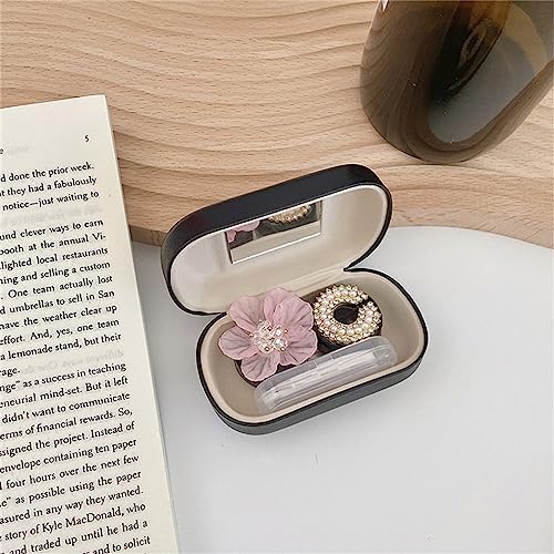 Cute Contact Lens Case, Flower Design Pearl Inlay Glasses Case Travel Kit (Black)