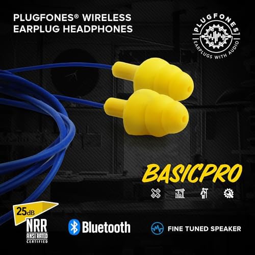 Plugfones Basic Pro Earplug Headphones Wireless Bluetooth in-Ear Earplug Earbuds 25 dB Noise Reduction Rating OSHA Approved Hearing Protection with Noise Isolating Mic and Controls (Blue & Yellow)