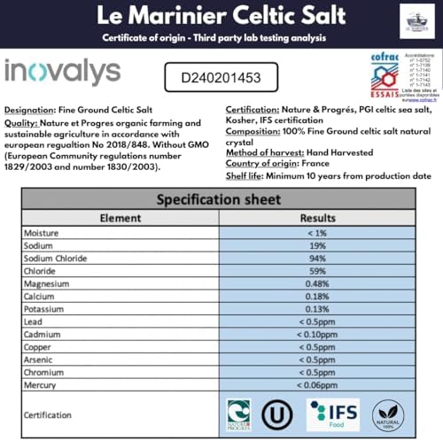 Le Marinier Celtic Salt Organic Fine Ground, 1.1lb - 18oz. Mineral Rich. 100% Natural and Unrefined. French Sea Salt Organic Vital Minerals. Hand Harvested Mineral Salt (1.1lb Fine Ground)