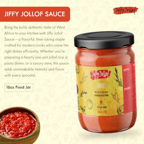 Jiffy Jollof Sauce, Authentic Nigerian Tomato Pepper Blend for One-Pot Meals, Spicy Pasta, Roasted Bell Pepper Stew, Hot Cooking Sauce, 16oz Food Jar (Medium)