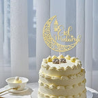 Gold Glitter Eid Mubarak Cake Topper，Ramadan Kareem/Muslim Eid al-Fitr Party Decorations Supplies(Mubarak)