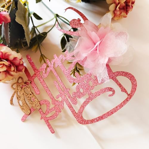 Pink Glitter Flower Tutu Ballerina Happy Birthday Cake Topper - Gold Glitter Ballet slippers Pointe Shoes Dancer Centerpiece Decoration for Ballet Theme Birthday Party Supplies.