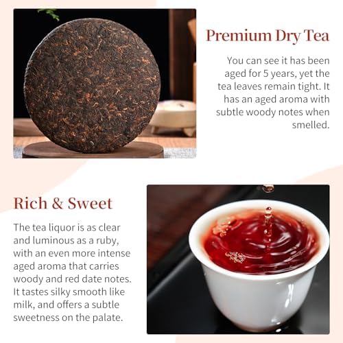 CHADUO Puerh Tea Cake 357g/12.6oz Ripe Pu erh Tea Chinese Fermented Puer Classic Premium Yunnan PuerhTea Aged For 5 Years With Date & Aged Wood Fragrance 普洱茶 熟茶 普洱茶饼