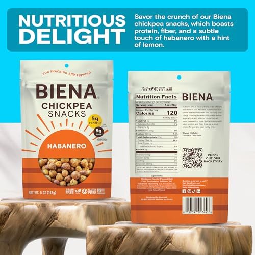 BIENA Chickpea Snacks - Crunchy Roasted Chickpeas - High Fiber Vegan Protein Snacks for Adults and Kids - 4-Pack, 5 Ounce - Habanero