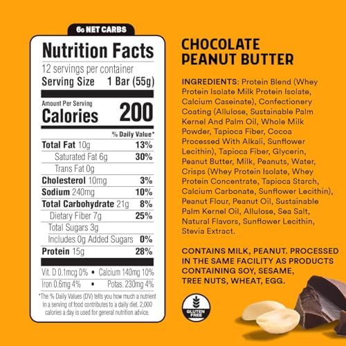 JUNKLESS Chocolate Peanut Butter Protein Bars | 15g Protein, No Added Sugar, High Fiber, Gluten Free | Healthy Snack for Kids & Adults | 12 Bars