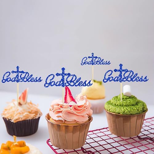 24Pcs Blue Glitter God Bless Cupcake Toppers Cross Babyshower First Communion Christian Baptism Theme Baby Shower Party Cake Decorations Supplies